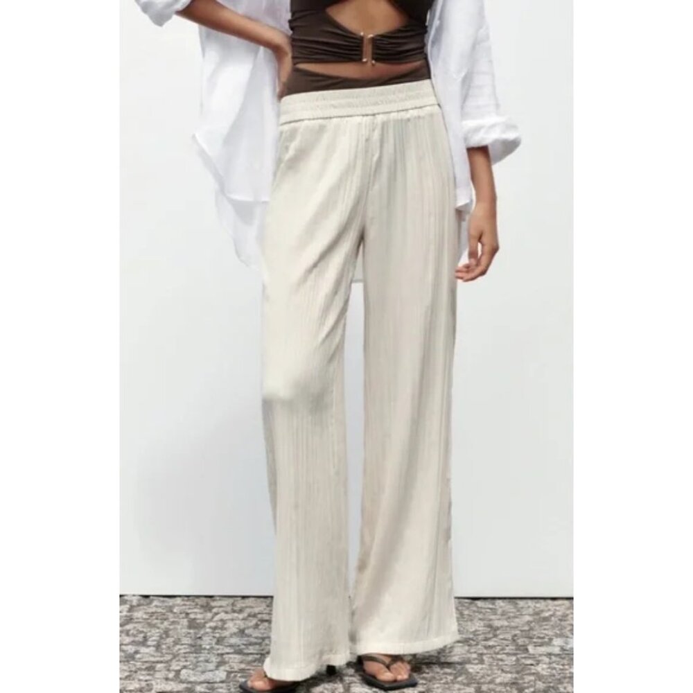 NWT Zara Light Tan Trousers Pull on Beachy Resort Casual Womens Size XXL